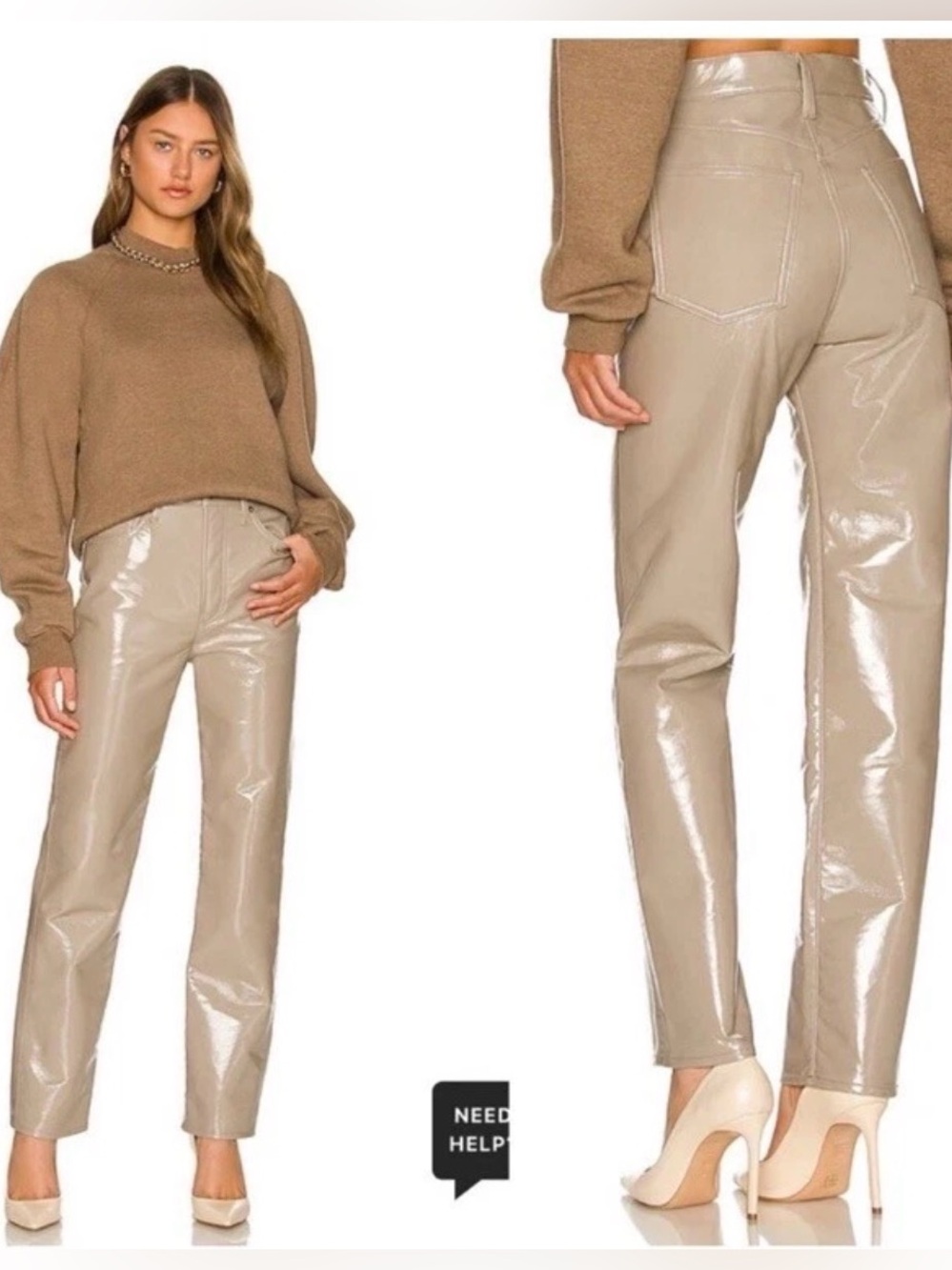 AGOLDE 90s Pinch Waist Recycled Leather Patent Pants Quail Beige Size 23